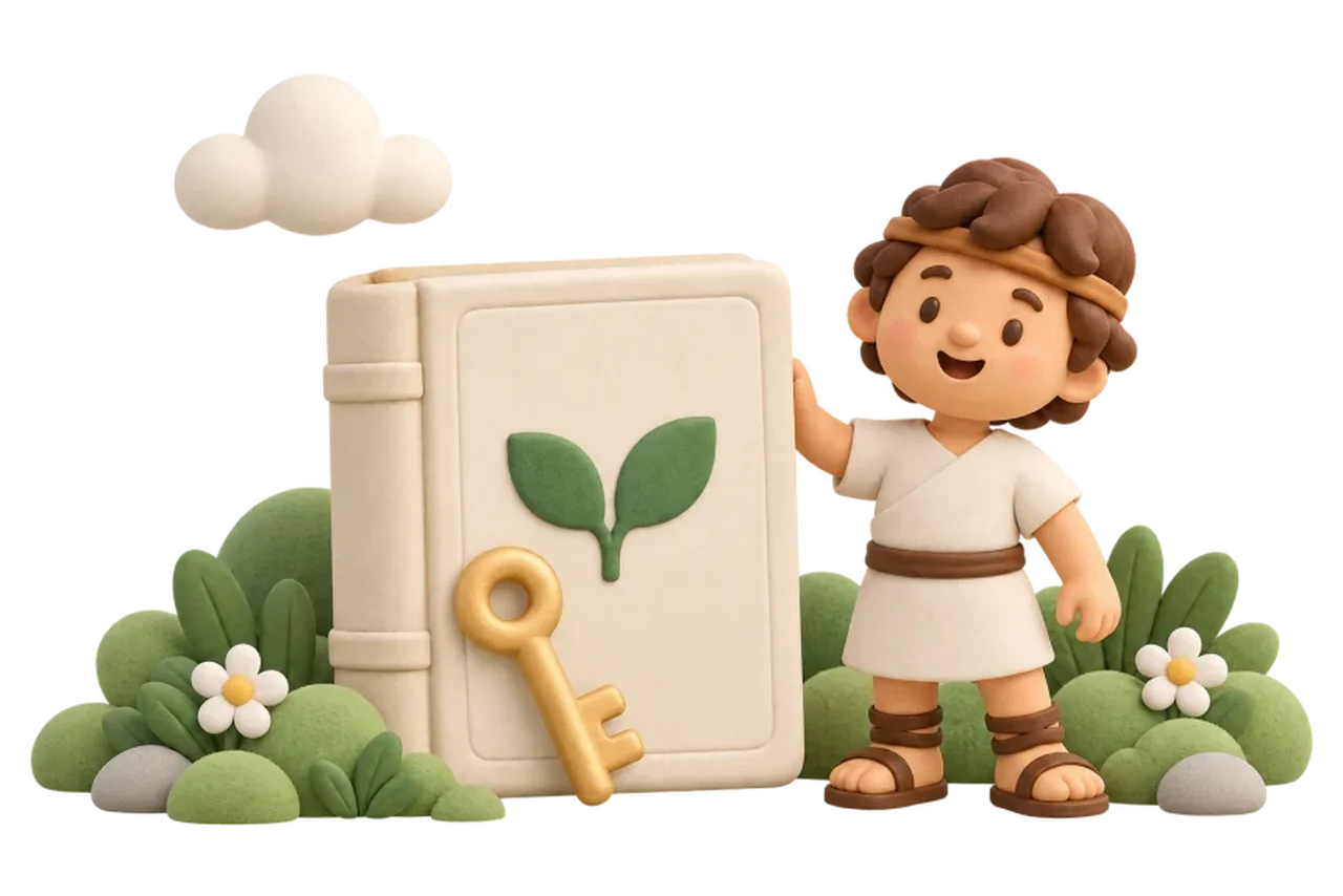 A clay Bible storybook, a smiling child and a little garden