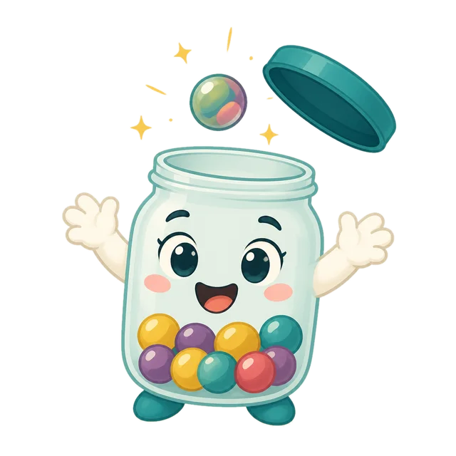 Prayer Jar, the Rooted Kids mascot, celebrating with hands raised and colourful marbles