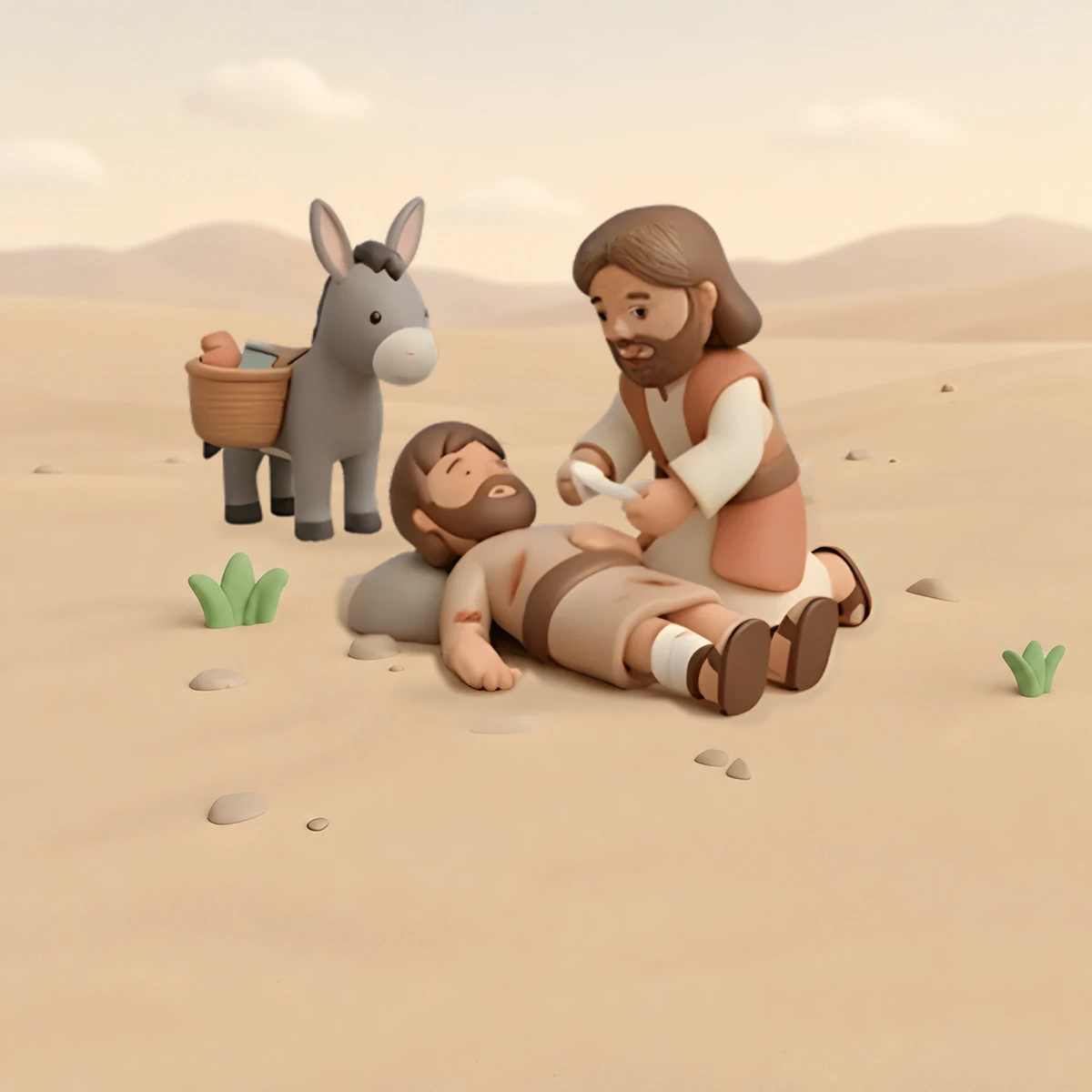 Clay illustration of the Good Samaritan caring for a traveller beside a donkey